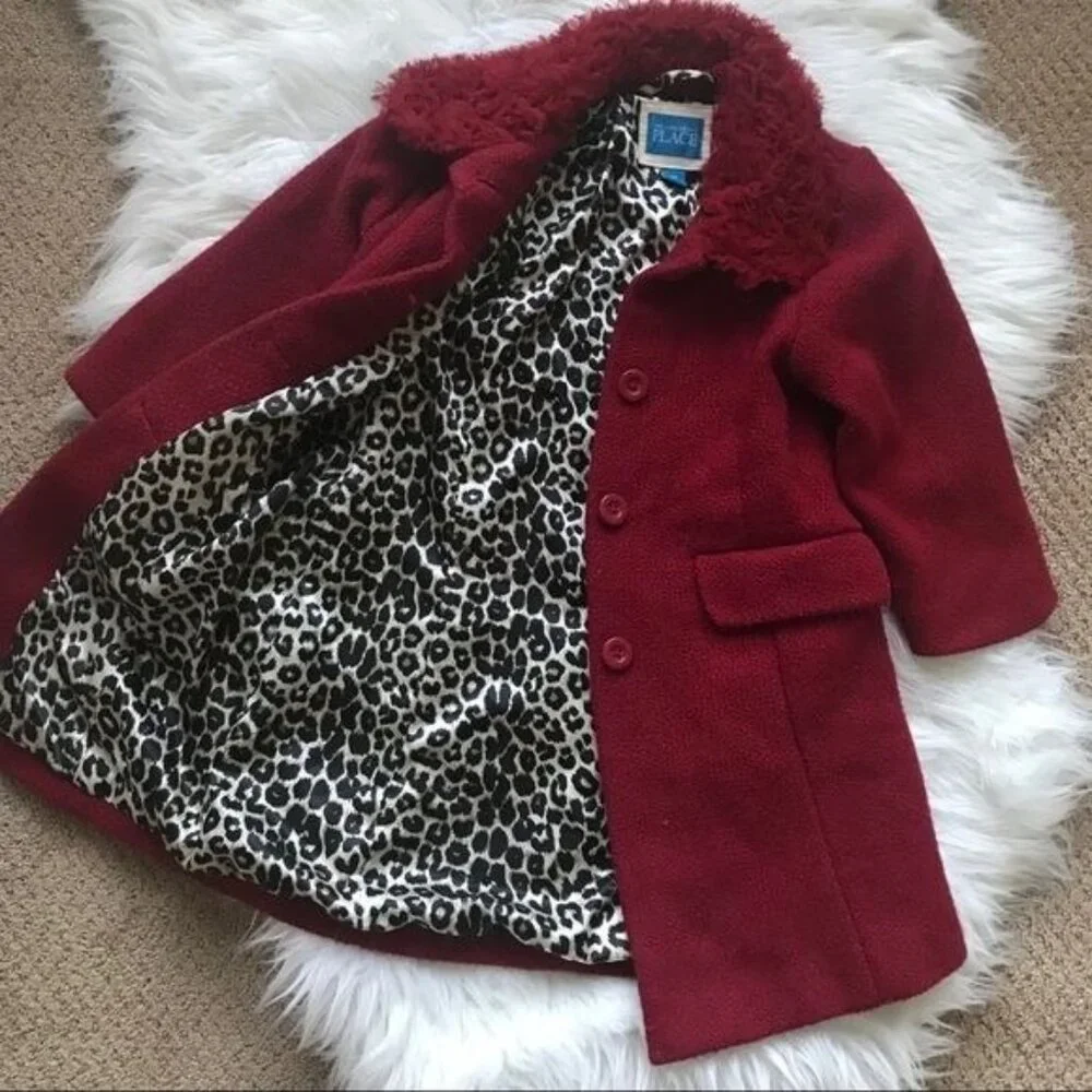 Childrens Place Coat Girls 3T Red Ruffle Collar Button Up Wool Blend Leopard‎